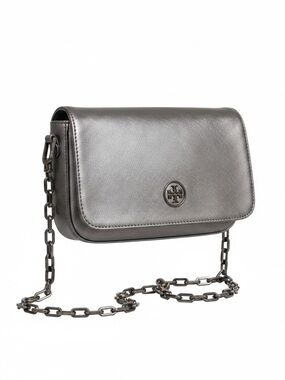 Tory Burch Metallic Gunmetal Leather Chain Crossbody with Dust Bag